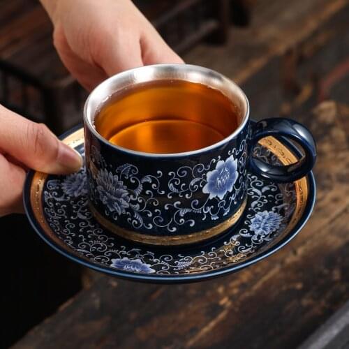 Ceramic S999 Sterling Silver Coffee Cup Mugs adn Cups Cup Saucer Creative Gift Couple Teacups Travel Office Household