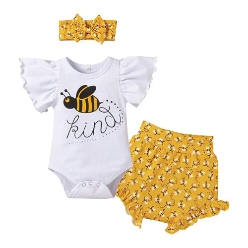 Citgeett Summer Baby Girls Infant Flying Sleeve Romper + Shorts + Bow Headband Cartoon Print Ruffle Clothing