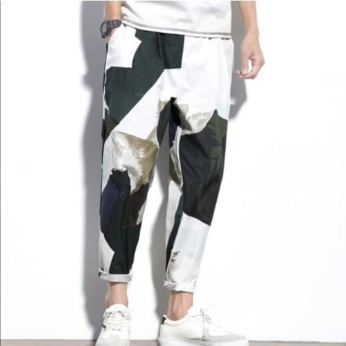 M-5xl 2021 Korean Summer New Casual Printing Nine Points Pants Mens Plus Fat Large Size Loose Overalls Cargo Pants Costumes