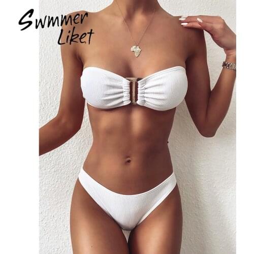 Micro bikini 2020 Ribbed swimsuit women Bandeau swimwear female Off-shoulder two piece suit Hollow out bathing suit swim suit