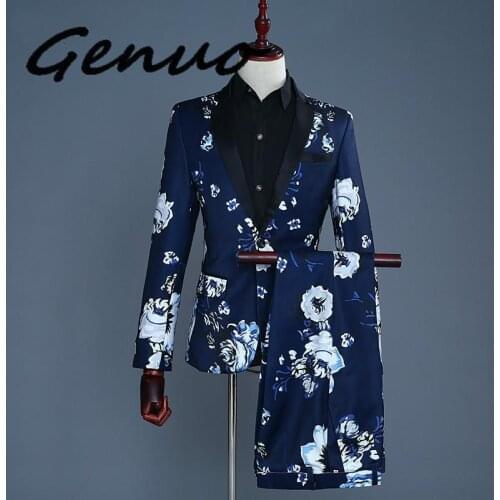 Genuo New 2020 Tide Men Navy Blue Floral Print Fashion Casual Suits Latest Coat Pant Designs Wedding Groom Stage Costume