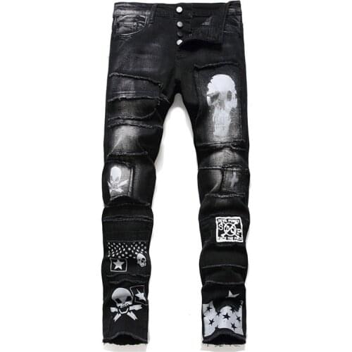 Mcikkny Men Punk Skull Jeans Pants Ripped Printed Denim Trouser For Male Patchwork Washed Size 29-38
