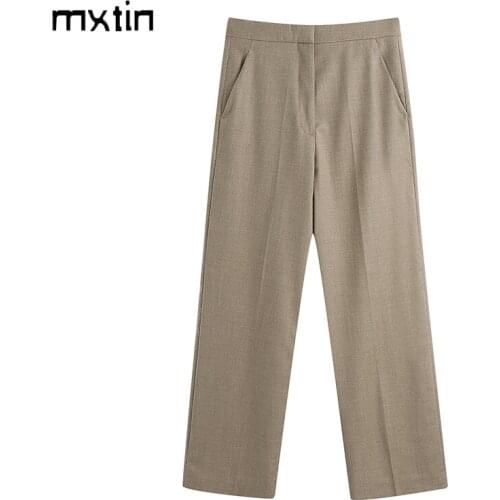 MXTIN 2021 Women Spring Vintage Solid Pleated Pants Fashion Side Pockets Office Lady Wear Female Ankle Trousers Pantalones