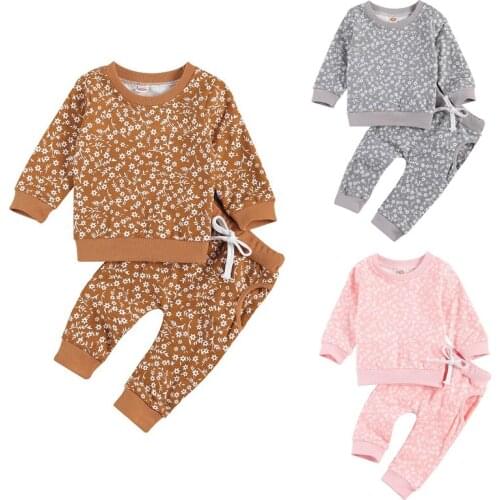 Autumn Infant 2Pcs Outfits Clothes Set Babies Floral Printed Pattern Round Collar Top + Long Pants Khaki/ Pink/ Grey 2020 New