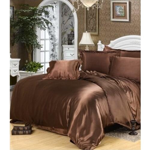 Luxury Silk Bedding sets Brown Satin Cal king size queen full quilt duvet cover set fitted sheets bed in a bag sheet double 6pcs