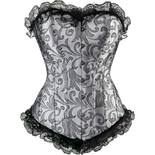 Silver brocade sexy lace up corset jacquard floral corselet bustier busk korsett women waist slimming overbust burlesque corset