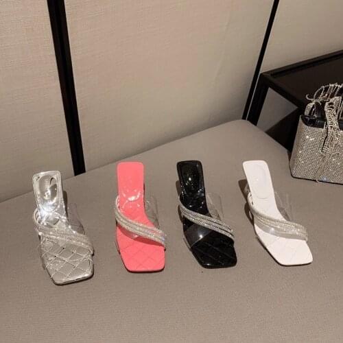 Silver Women Sandals Slides Slippers Rhinestone Transparent Sandals Pumps Clear High Heels Party Mules Shoes Elegant High Pumps