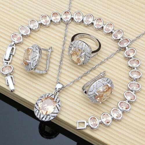 Hoop Earrings 925 Silver Jewelry Sets Champagne Cubic Zirconia Accessories Women Wdding Fine Jewellry Necklace Set Dropshipping
