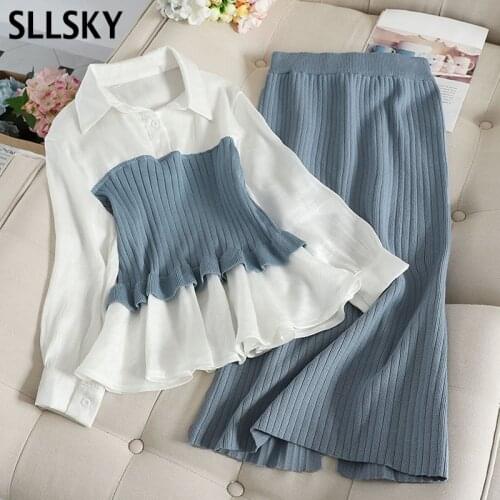 SLLSKY Silm Knitted Turn-down Collor 2 Pieces Set Women Spring Patchwork Button Skinny Long Sleeve Tops Sexy Sweater Skirts