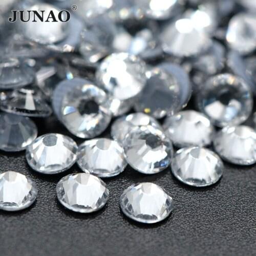 JUNAO SS6 8 10 16 20 30 Flat Back Clear Hotfix Rhinestone Iron On Glass Strass Crystal Stones for Clothes Jewelry DIY Decoration