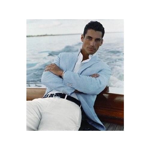 Light Blue Linen Beach Wedding Groom Tuxedos Handsome Casual Mens Prom Dinner Suits Best Man Groomsman Blazer Male Costumes