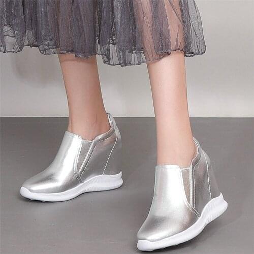 Fashion Sneakers Women Genuine Leather Wedges High Heel Ankle Boots Female Low Top Round Toe Platform Pumps Shoes Casual Shoes