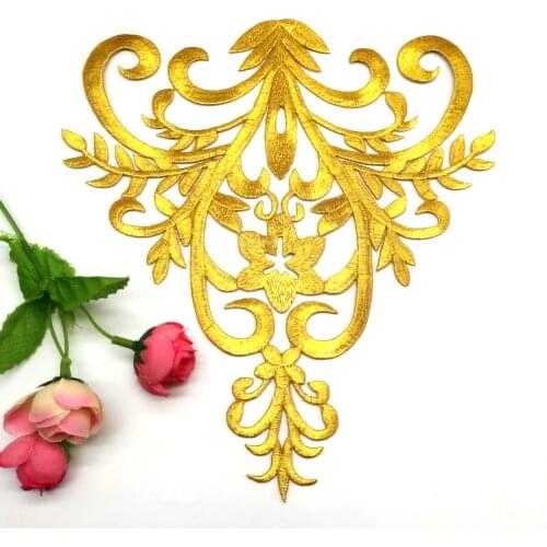 Iron On Patches Gold Appliqued Cosplay Lace Diy Embroidery Flower Trims 22*24cm