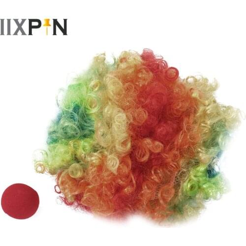 Funny Clown Cosplay Costume Curly Wigs Headwear Red Sponge Nose Set for Halloween Roleplay Props Pretend Play Masquerade Tools