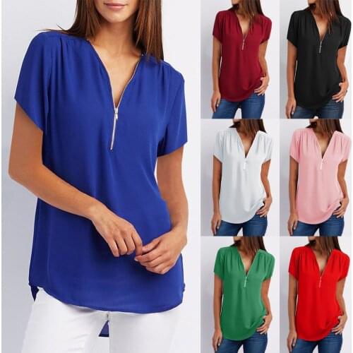 Women T Shirt 2019 Summer Womens Casual Tops Shirt Ladies V Neck Zipper Loose T-shirt Blouse Tee Top T-Shirt For Maternity Women
