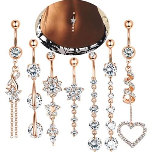 Belly Button Rings Surgical Steel Reverse Long Dangle Navel Rings for Women Curved Barbell CZ Cute Body Piercing Jewelry 14G