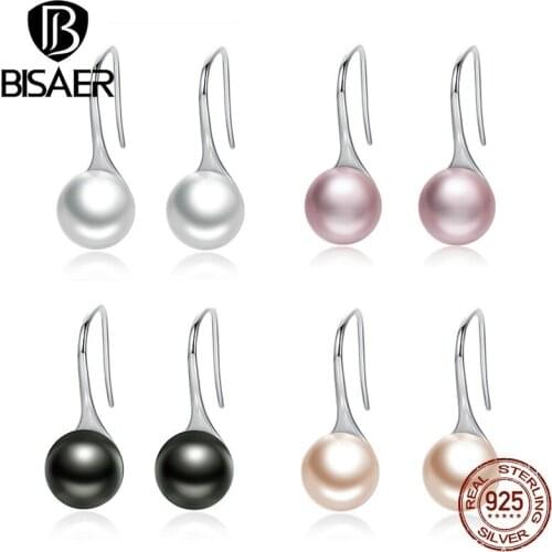 BISAER 925 Sterling Silver Elegant Round Black Simulated Pearl Earrings for Women Hoop Earrings Sterling Silver Fine Jewelry