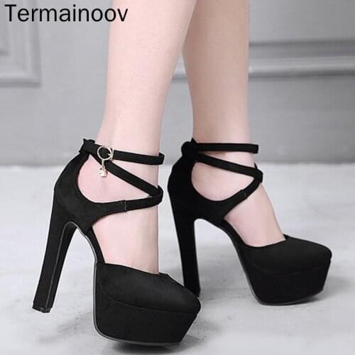 Termainoov Women Pumps High Heels Fashion Dresss Shoes Cross Buckle Super High Heel Platform High Heel Female Shoes
