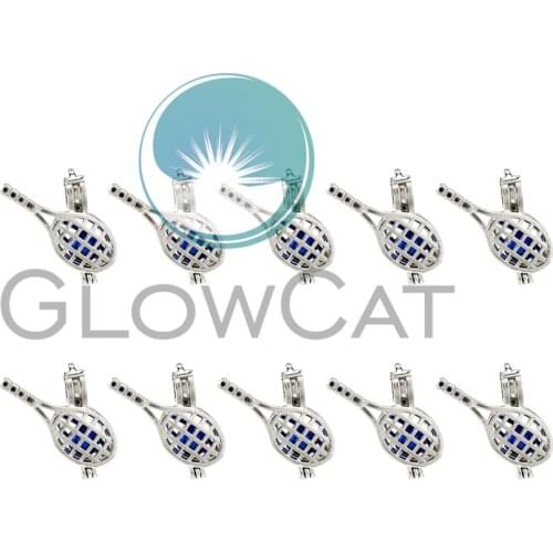 10x K935 Tennis Racket Beads Cage Pendant Perfume Essential Oil Diffuser Pearl Cage Locket Pendant