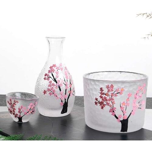 4Pcs Japanese Glass Sake Pot Set Hand Painted Cherry Blossoms Sake Wine Pot&2Pcs Glass Cup Liquor Flask Vodka Wine Cup Gifts