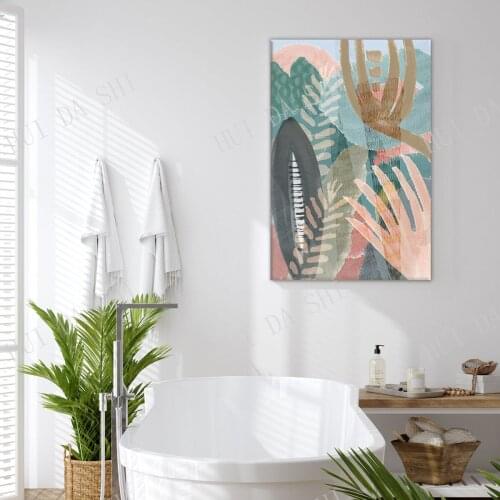 Botanical wall art / teal & blush abstract botanical painting / palm leaf wall art / beach house decor / living room wall art