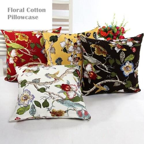 Hot Country Style Floral Pillows Cover Cotton Linen Flowers Birds Print Sofa Cushion Cover 45X45/55X55CM Decorative Pillows Case
