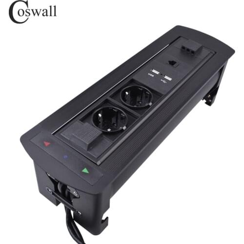 COSWALL Matte Black Hidden Electric Socket 180 Degree Touch Flipping 2 EU Socket Dual USB Charger Intelligent Socket RJ45 Jack