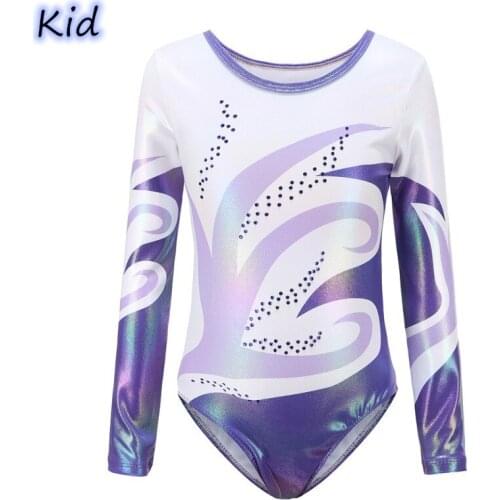 Children Girls Diamante Long Sleeve Ballet Practice Dance Wear Gymnastics Bright Color Body Suits For Girl Purple