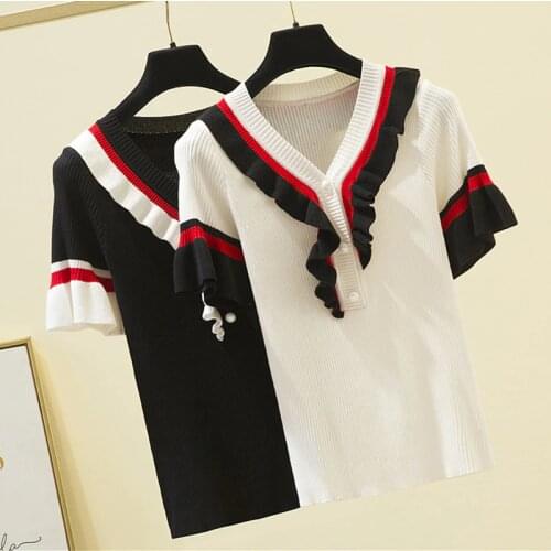 Camisetas Mujer 2021 Ruffles Striped Thin Knitted T Shirt Women Short Sleeve Button Summer Tops Woman T-Shirt Tee Shirt Femme