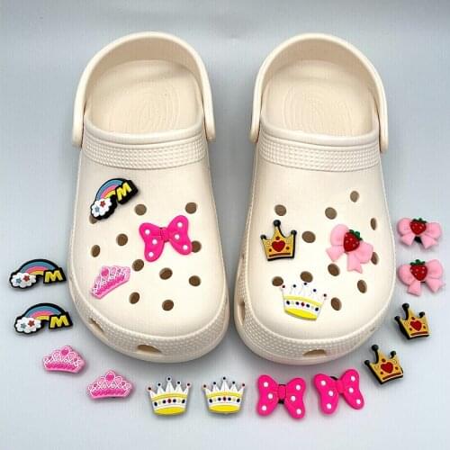 Kawaii Pink Bow Crown PVC Shoe Charms Decoration For Womens Croc Clog Jibz Charms Kids Backpack Shoe Jewelry Clips Accessories