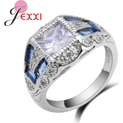 Modern style Unique Neutral Design 925 Sterling Silver Finger Rings With Blue White Crystal Jewelry Accessories Rings