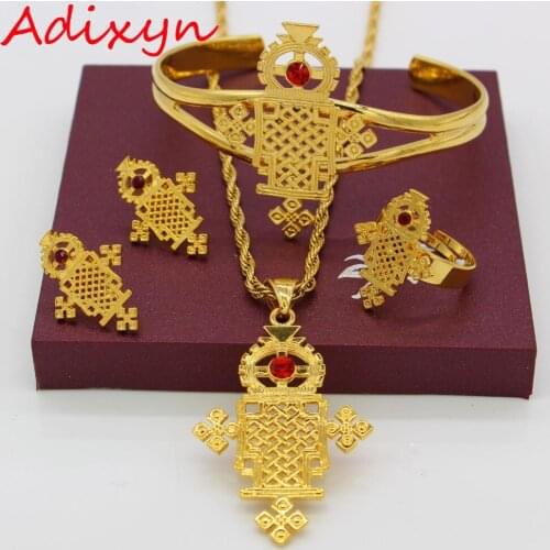 Adixyn Ethiopian Cross Jewelry Set Necklace/Earrings/Bangle/Ring/Pendant Gold Color red Crystal Eritrea Bride Wedding/Party Gift