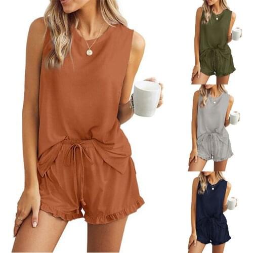 Summer Sleeveless Vest Shorts Womens Loungewear Set Solid Soft Tops Drawstring Shorts 2 Piece Set Casual Homewear Suit Female