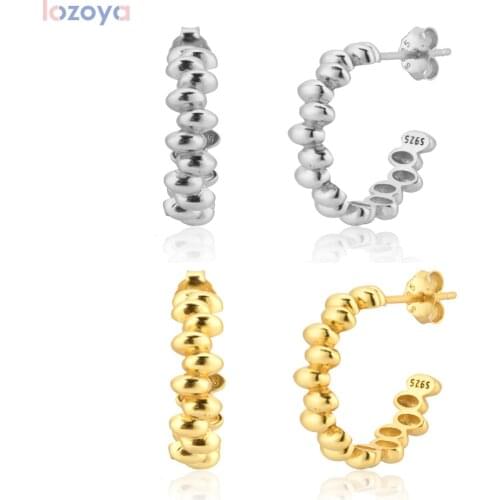Lozoya 100% 925 Sterling Gift Fashion Fine Silver Gold 12.5mm Beads Hoops Piercing Rock Punk Clips Wedding Jewelry For Women