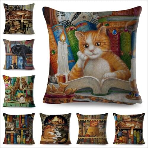 Cute Book Cat Party Cushion Cover Decor Cartoon Animal Pillowcase Printing Polyester Pillow Case for Sofa Home 45x45cm