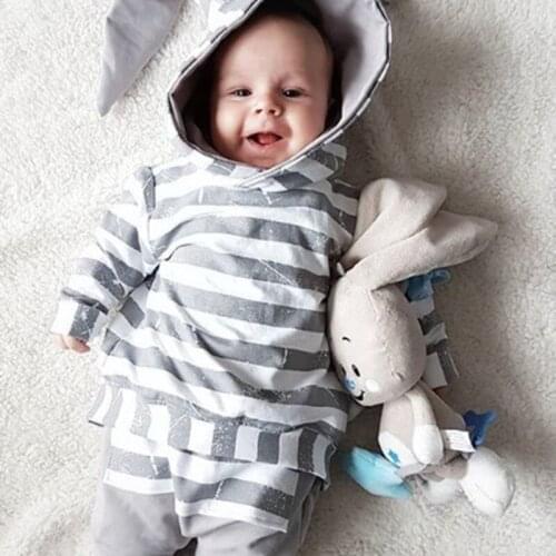 Gray Stripe Bunny Ear Set Cotton European American Baby Suit Clothes Pants Cute Infant Cotton Clothing Baby Suit Rabbit Ears