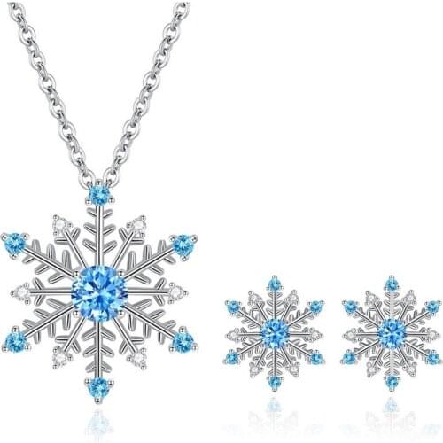 New Handmade Necklace Earrings Jewelry Sets Elegant AAA Blue Zircon Snowflake Pendant Necklace Fashion Clavicle Chain for Women