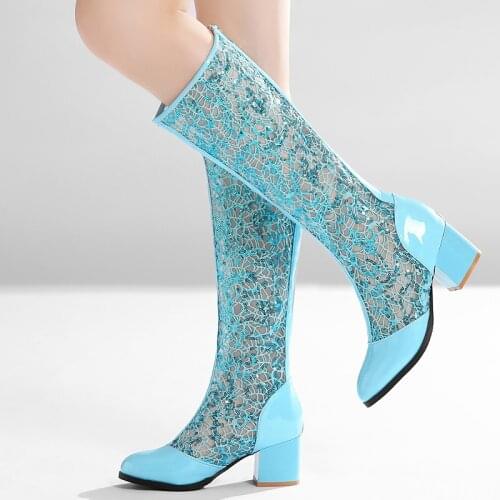 New Spring Summer Mesh Women Boots Fashion Zipper Casual Low Heels Knee High Boots Black White Blue Ladiess Boots Shoes