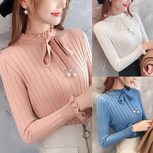 Autumn Women New Stylish Long Sleeve Bowknot Slim Basic Knitwear Ruffle Sweater Pullover Tops