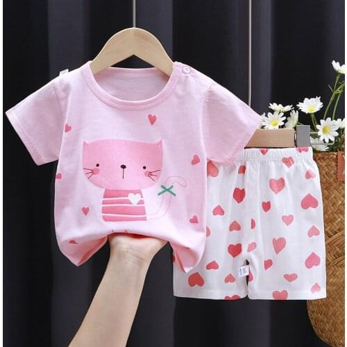 TUONXYE New Summer Boys Short sleeves Pajamas Girls Set Cartoon Pink Cats Pyjama Cotton Kids Pijama Children Sleepwear Clothes