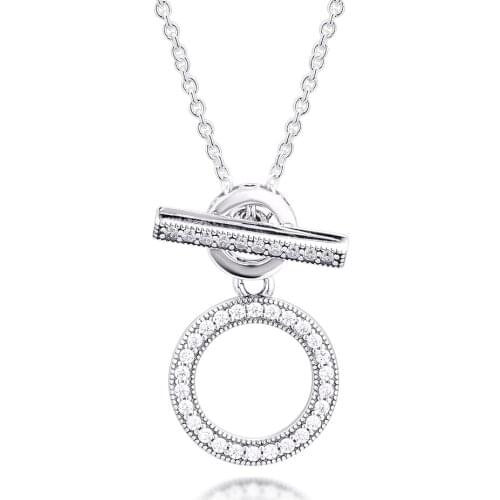 Authentic 925 Sterling Silver Clear CZ Double Hoop T-bar Necklaces for Women Silver Necklace Jewelry pendentif argent 925