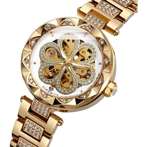 Casual FORSINING Womens Watch Crystal Skeleton Luminous Auto Mechanical Wristwatch with Gift Box