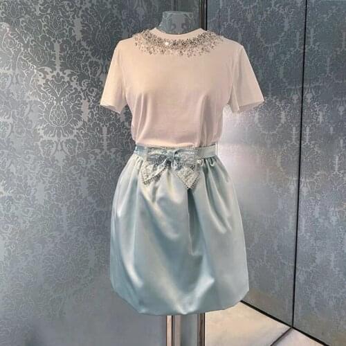 Luxury Retro High Waist Mini Skirt Heavy Girl High Waist Beaded Bow A-Line Elegant Blue Short Skirt Summer Party Brand Clothes