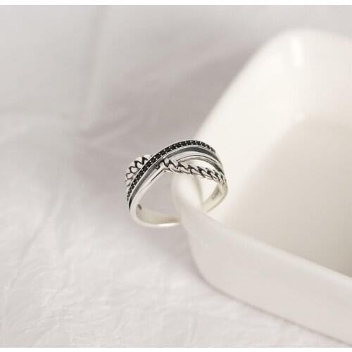 S925 Silver Color Ring Retro Cross Ring Multi-layer Black Exquisite Jewelry Party Gift Fashion Personality Ladies Jewelry