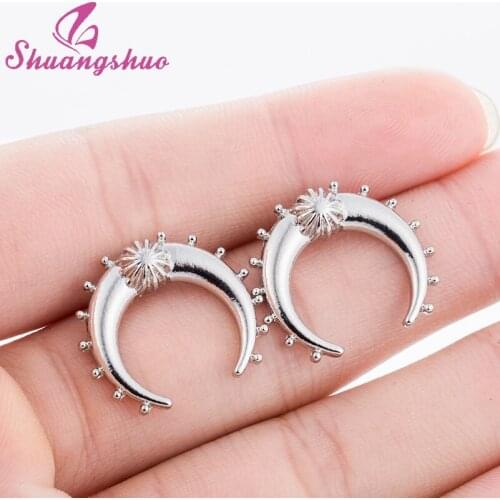 Shuangshuo New Vintage Gold Silver Color Crescent Moon Earrings for Women Tribal Antique Brass Moon Stud Earrings 2020 Jewelry