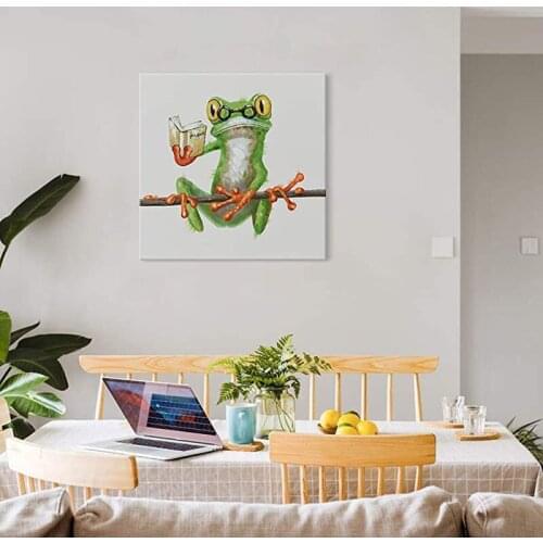 Modern Happy Frog with Glasses Wall Art Poster Cute Cartoon Animal Oil Painting Painted on Canvas Living Room Home Decor Gift