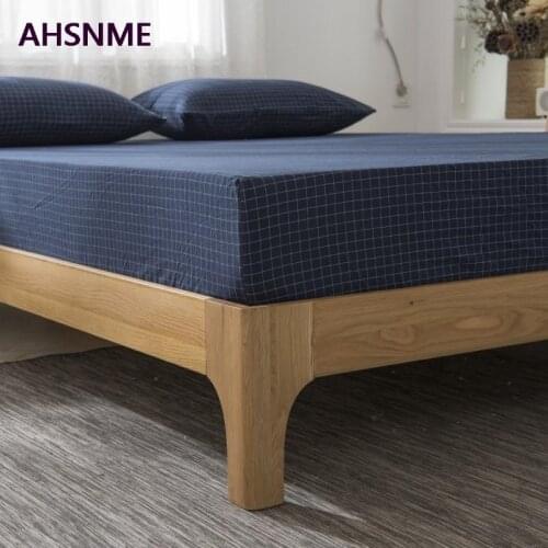 AHSNME 100% Cotton sheets Super Soft parure de lit Cool Summer Simple Dark blue grid Super Fitted Sheet 90-180x200cm