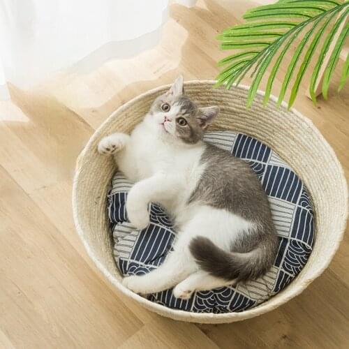 Universal Cat Bed Summer Cool Nest Soft Cat Bed Rattan Pet Cat Supplies Cattail Handwoven House