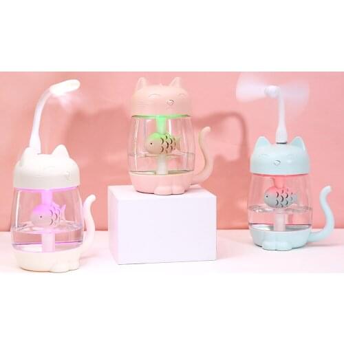 3 in 1 350ML USB Cat Air Humidifier Ultrasonic Cool-Mist Adorable Mini Humidifier With LED Light Mini USB Fan for Home office