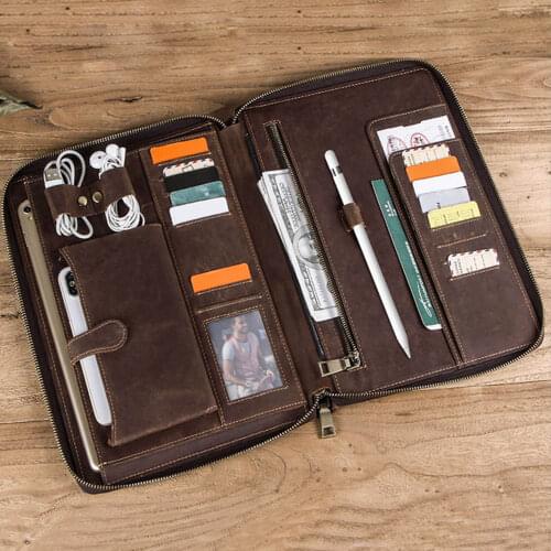 Besegad Vintage Genuine Leather Padfolio Portfolio Case Holder with Zipper for iPad Pro 10.5" 11" A1701 A1709 A1980 A2013 A1934